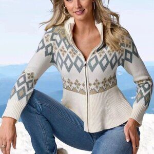 Boston Proper Fair Isle Peplum Full Zip Cardigan Off White Multi Medium